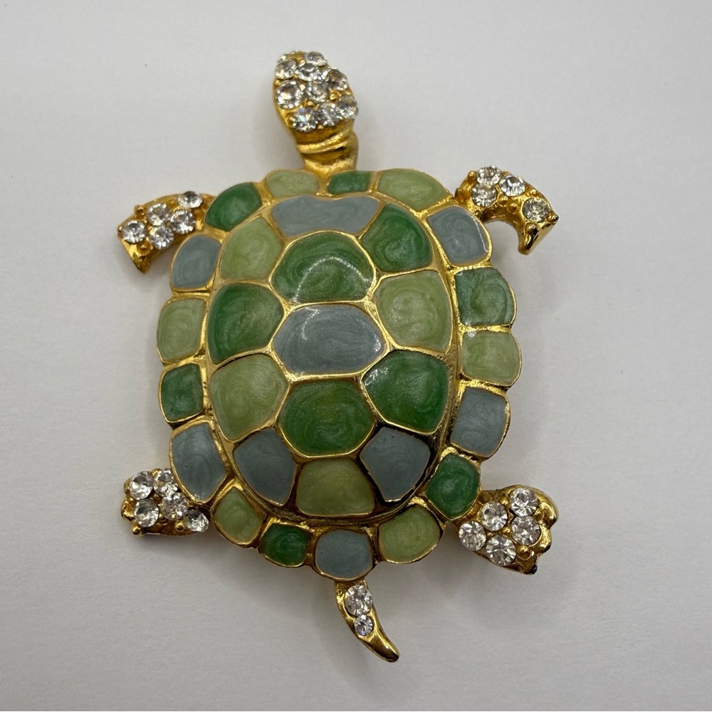 Vintage Gold Tone Turtle Brooch Green Enamel Rhinestone Animal Pin Statement